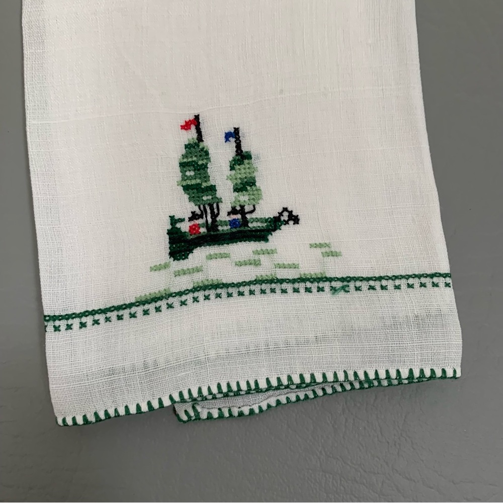 Vintage Hand Embroidered Green Ship Boat White Linen Tea Towel 9”x 14”